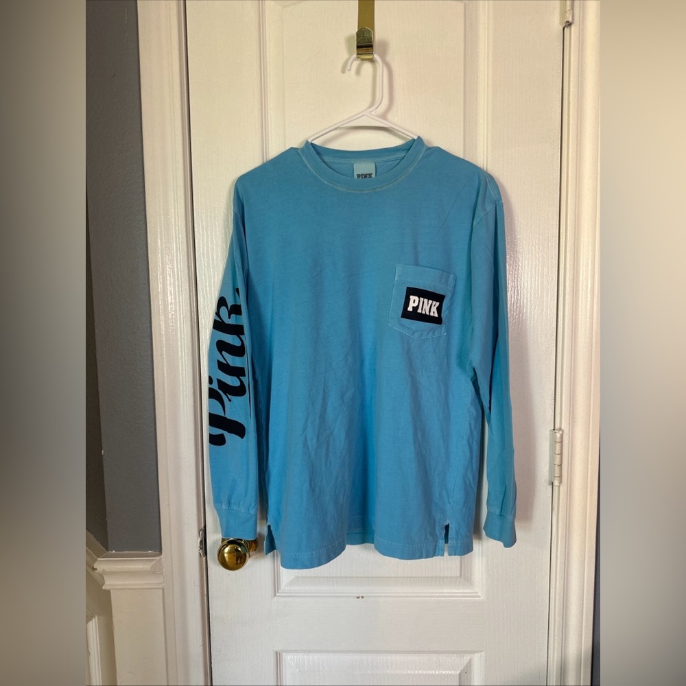 VICTORIAS SECRET PINK‎ OVERSIZE LONG SLEEVE"PINK" POCKET CREWNECK TEESHIRT